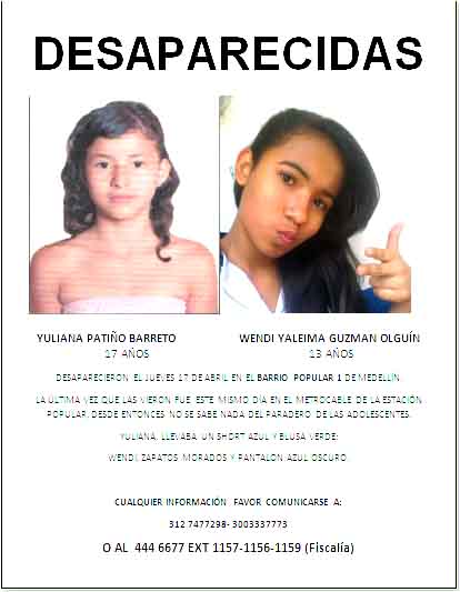 Desaparecida Yuliana Patiño Barreto y Wendy Yaleima Guzman Holguin